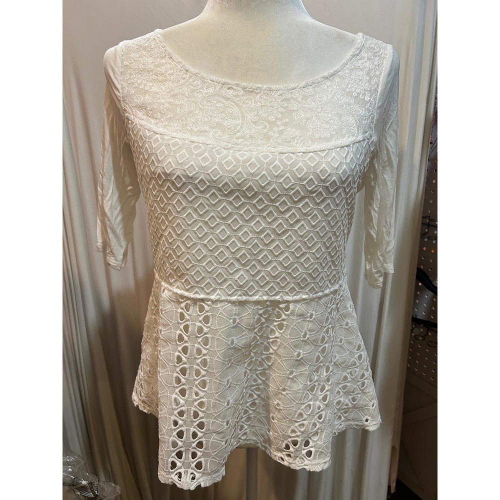Ivory Lace Peplum Top Crochet Knit Shirt Blouse 3/4 Sleeve Elegant